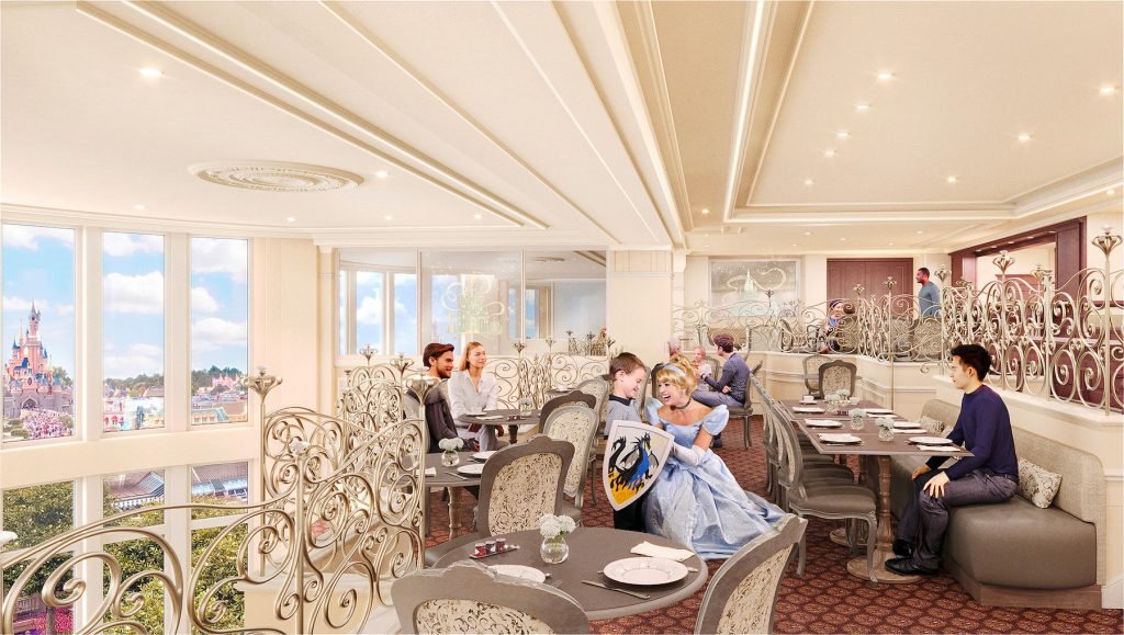 Image of the Disneyland Hotel Castle Club Lounge, with Cinderella meeting guests during breakfast
