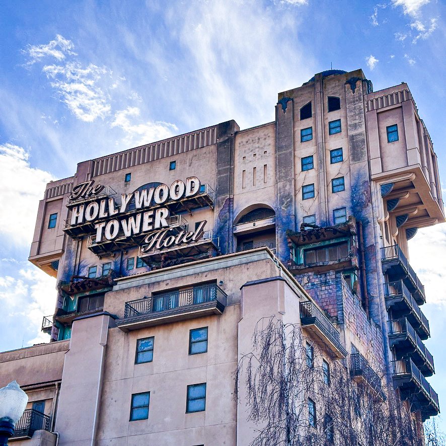 An upwards angle shot of the Hollywood Tour of Terror in Walt Disney Studios Park, Disneyland Paris.