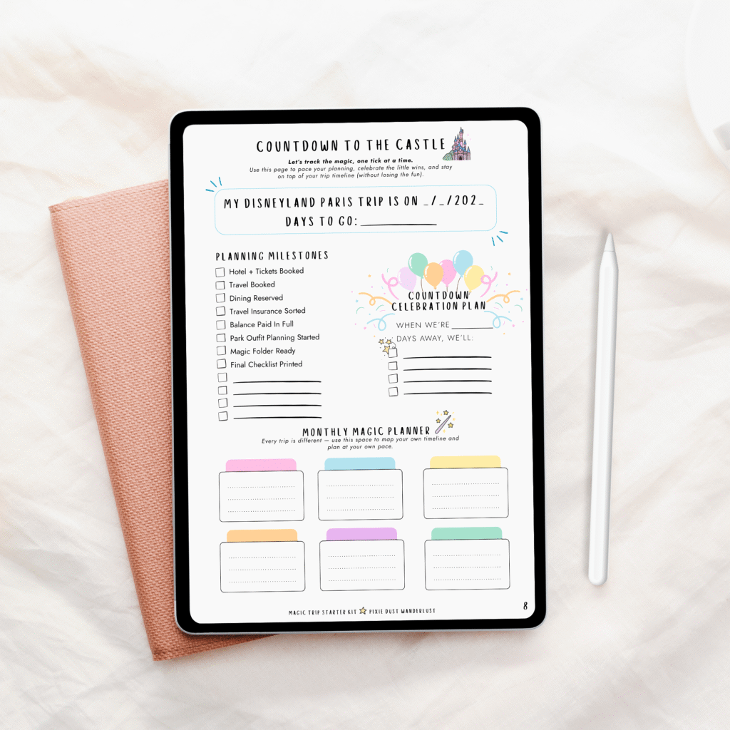 Countdown to the Castle page from the Magic Trip Starter Kit, with planning milestones and monthly magic planner on tablet.