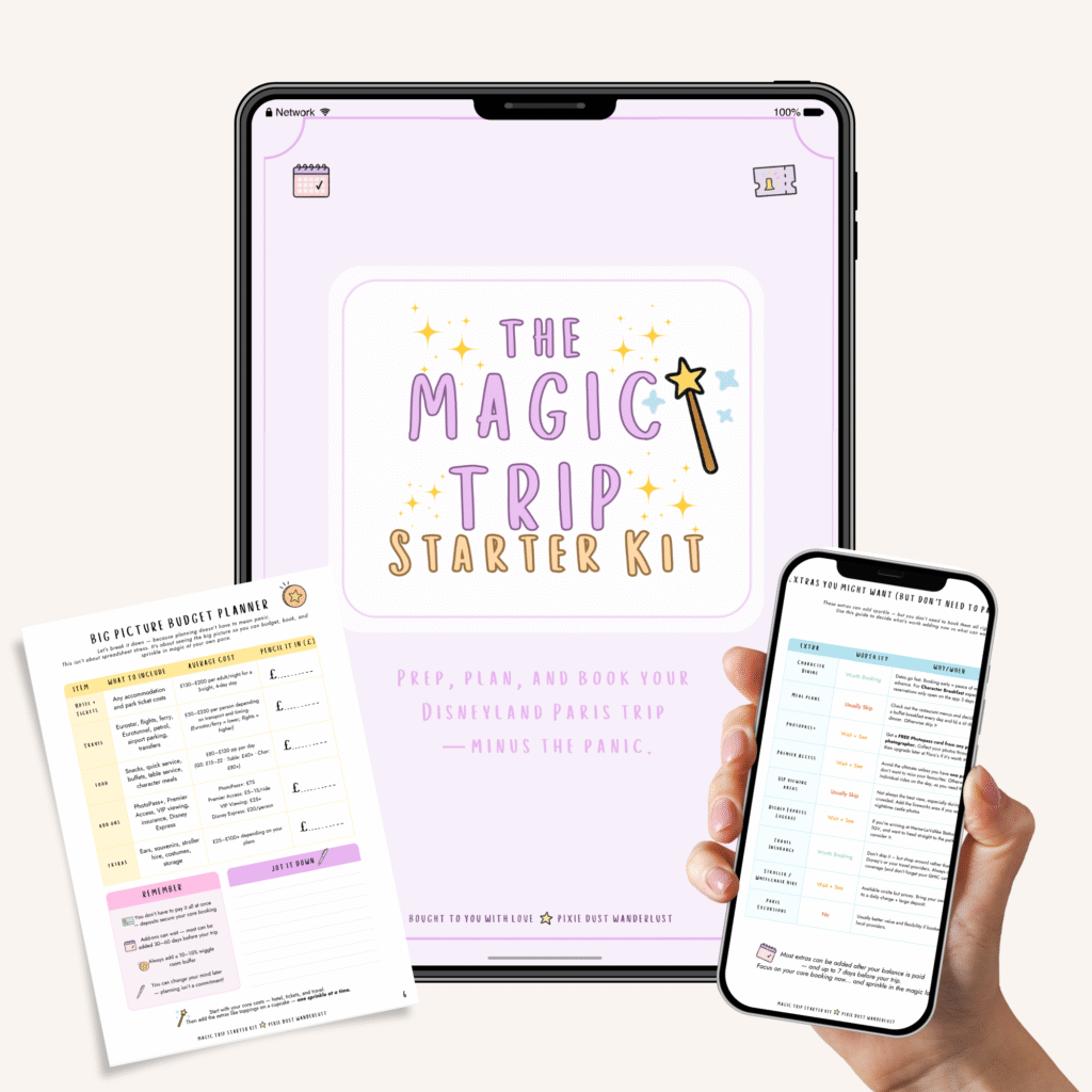 Digital and printable Magic Trip Starter Kit for Disneyland Paris planning, shown on tablet, phone, and printed page.