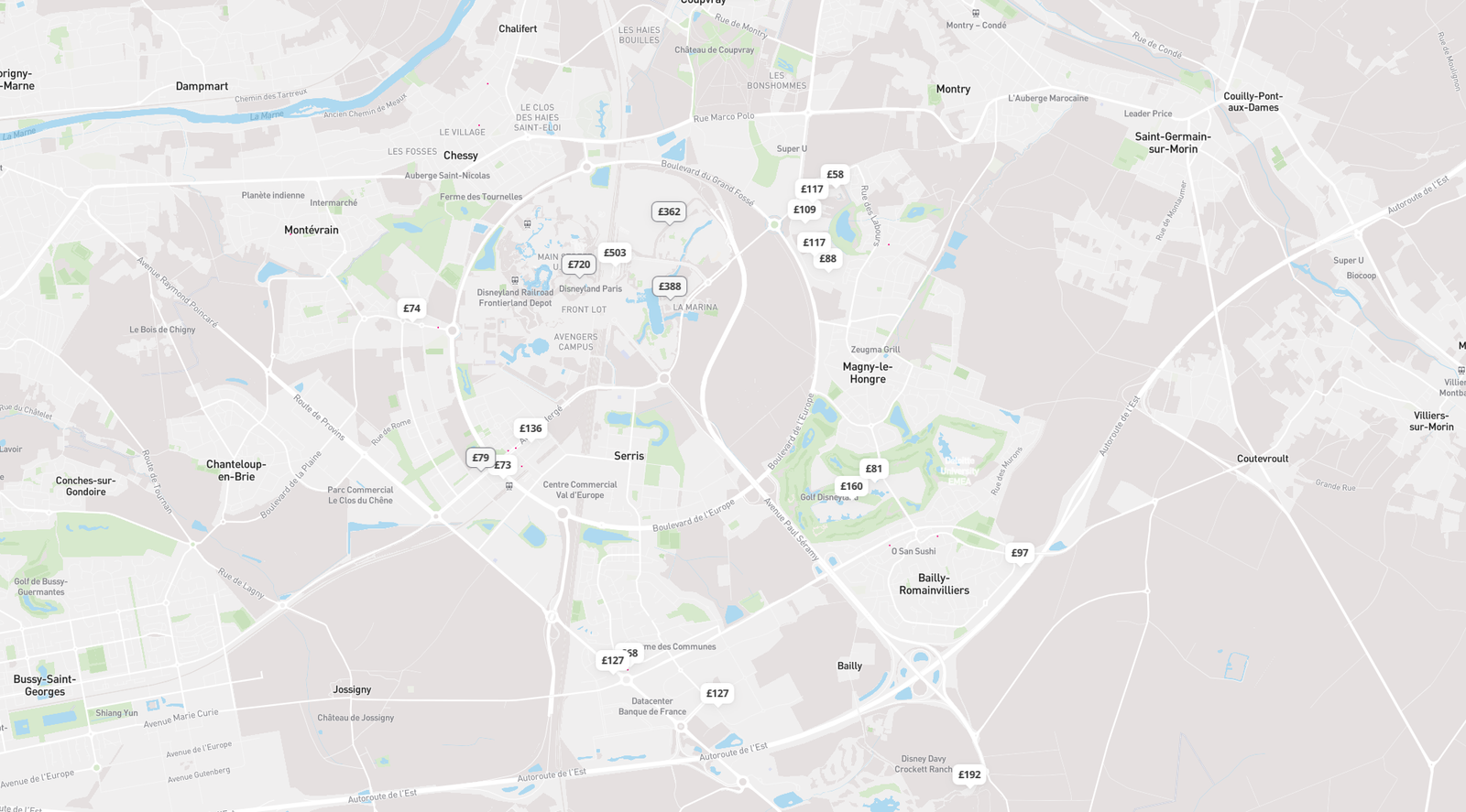 A map showing popular off-site hotels near Disneyland Paris, including price snapshots and travel distances from Val d’Europe, Magny-le-Hongre, and Bailly-Romainvilliers.